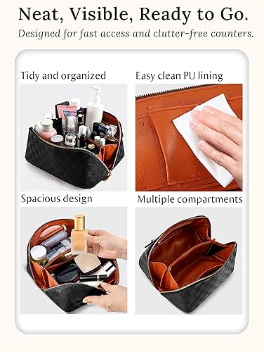 Miniatura 6 de Bolsa de cosméticos de gran capacidad para viajes - Bolsa portátil de maquillaje para mujeres, organizador de piel sintética impermeable con