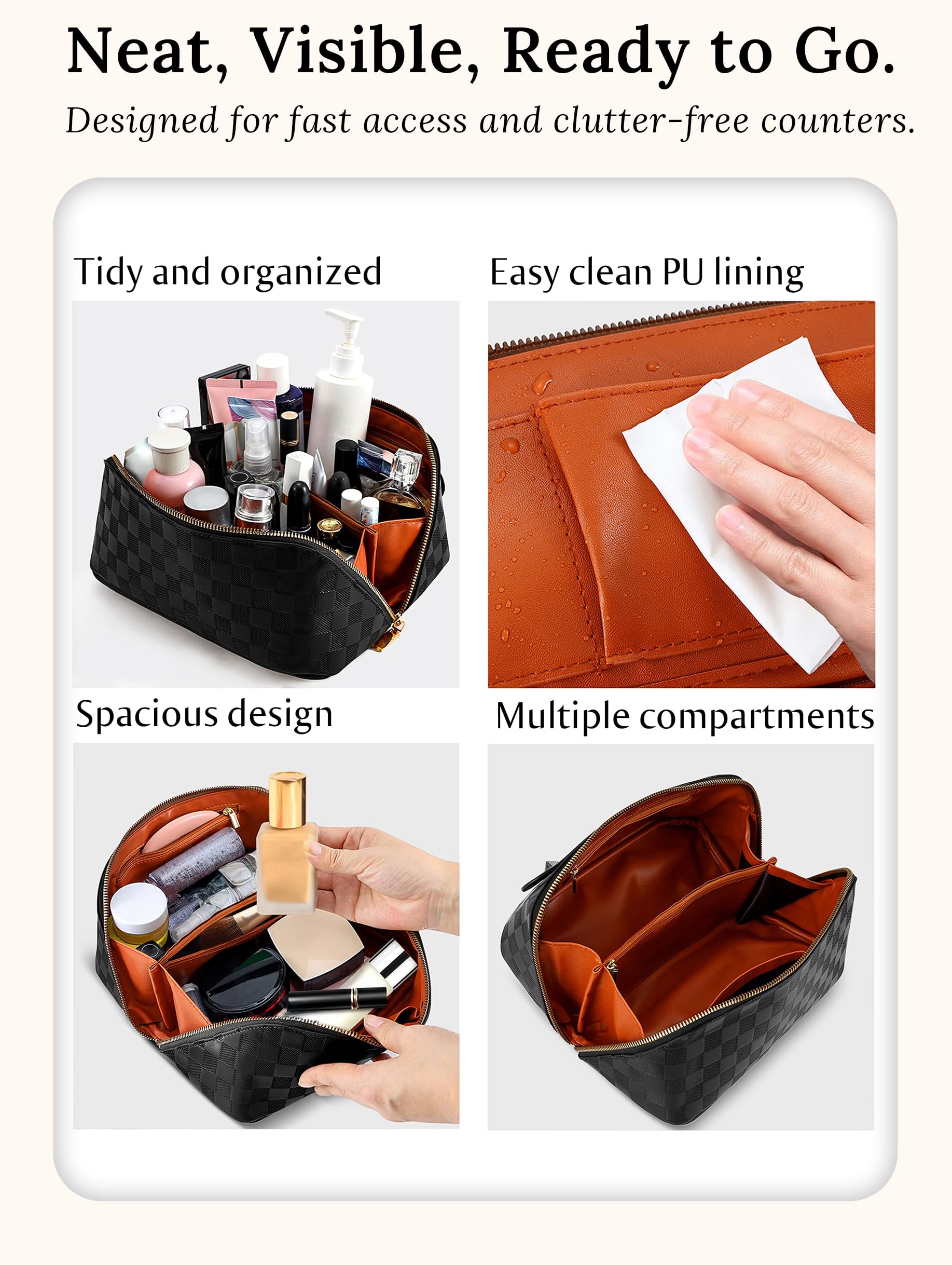 Bolsa de cosméticos de Viaje de Gran Capacidad, Bolsas de Maquillaje portátiles para Mujer, Impermeable, de Piel sintética, a Cuadros, Organizador de Maquillaje con separadores y asa, Bolsa de Aseo
