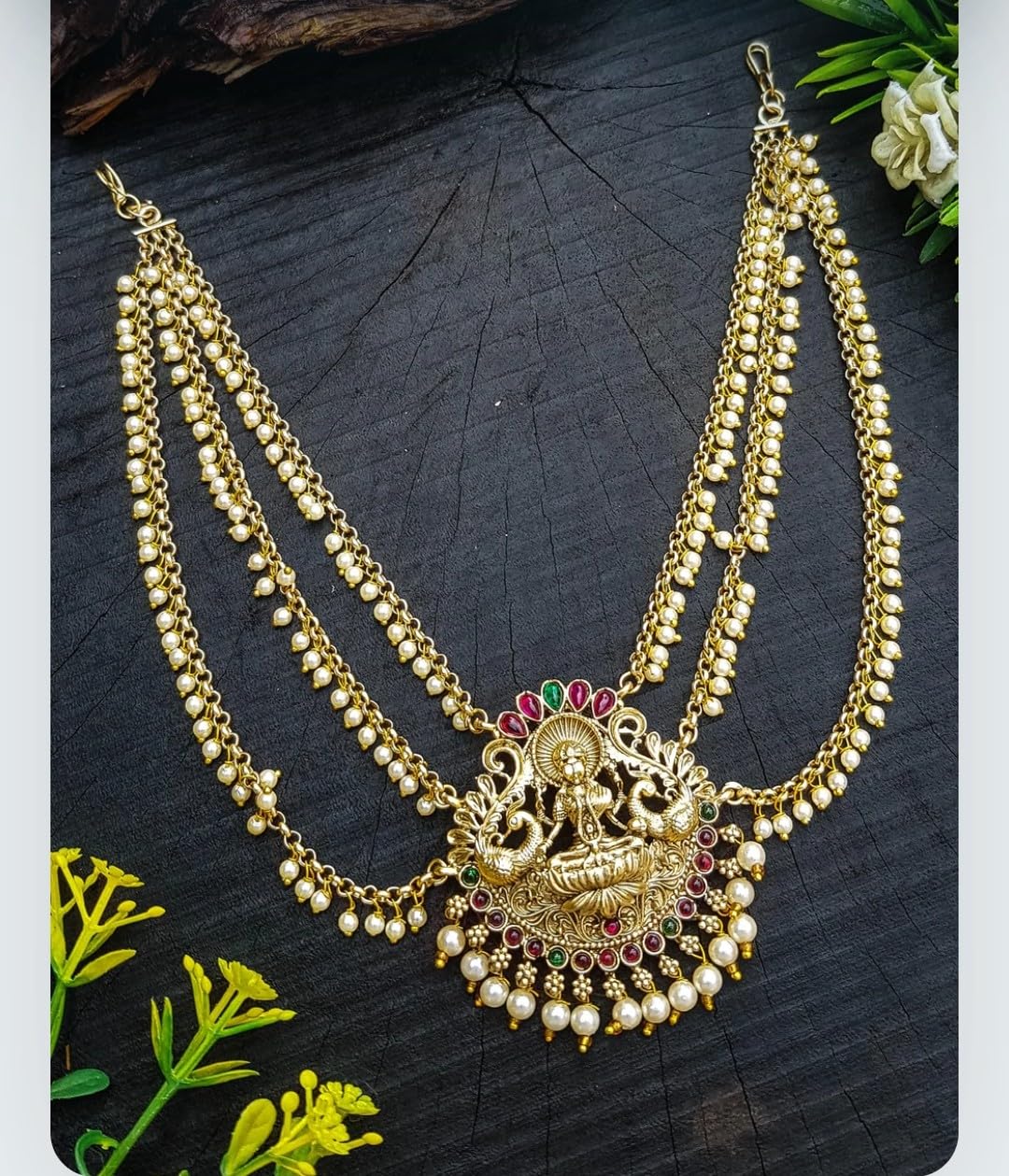 ViBha Gold Plated Laxmi Design Bridal Jadai Billa Wedding Hair Braid Accessories | Traditional Peacock Lakshmi Jada Billa Bridal Hair Accessories (LakshmiDevi)