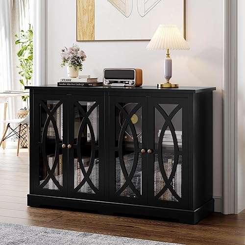 HLR Aparador negro de 47 pulgadas con almacenamiento, armario de almacenamiento moderno de credenza con puerta de cristal, armario decorativo con