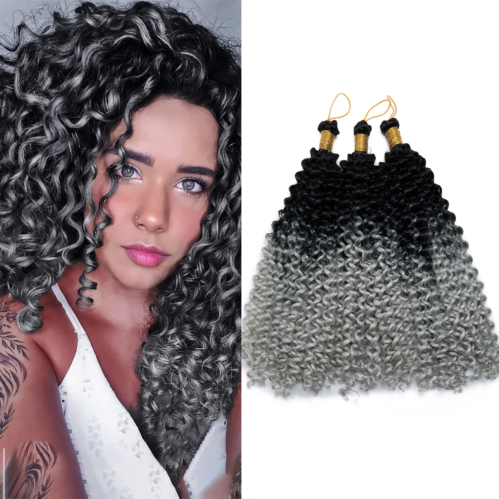 S-noilite Curly Braiding Hair,Marlybob Crochet Braids Hair Extensions 14 Inch Deep Wave Afro Kinky Jerry Curl Pre Stretched Ombre Braiding Hairpiece for Black Women,3 Pack 300g,Black to Silver Grey