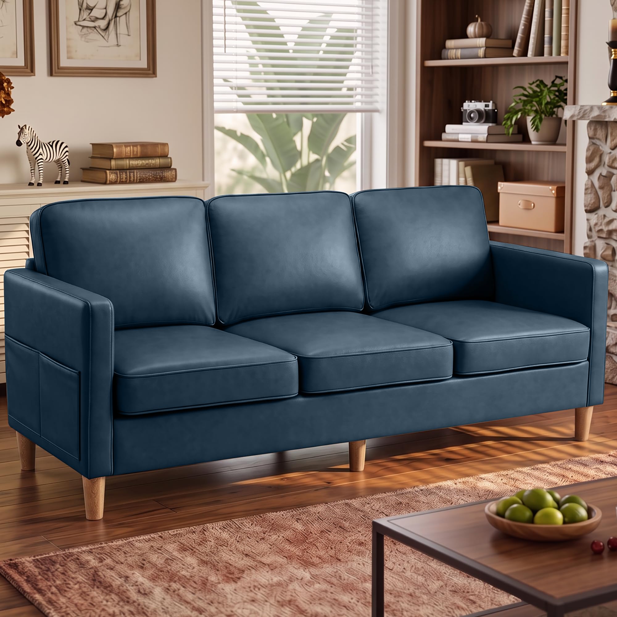 80" Faux Leather Sofa Mid Century Modern 3 Seater Couch for Living Room