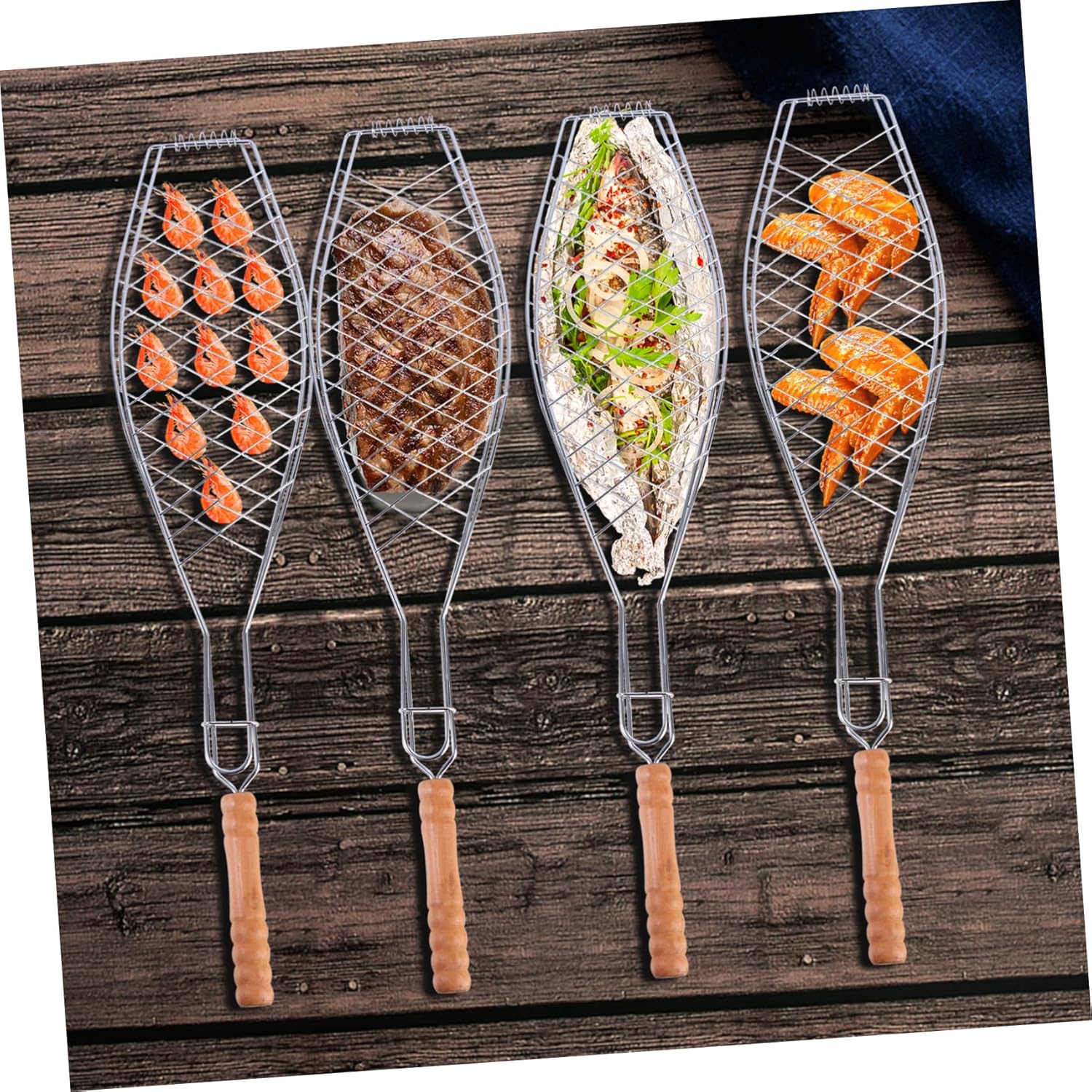 2 Pcs Fish Grill Clips with Wooden Handles Non Stick Metal Bbq Net for Outdoor Barbecue Tool Iron Mesh Basket for Camping Picnic Grilling Steaks Sausages Chicken Wings Corn and