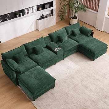 145" U Shaped Chenille Sectional, 6 Seat Cloud Couch, Green