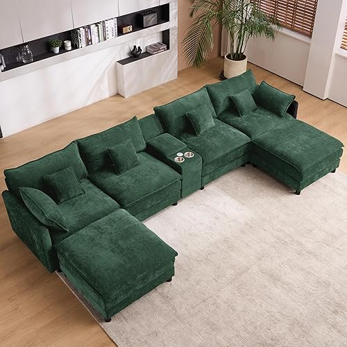 145" Oversized Modular Sectional Sofa U Shaped Cloud Couch 6 Seat Sofa Set for Living Room Comfy Fluffy Chenille Deep Seat with Storage Central Console, Movable Ottomans, Cup Holders, USB Ports, Green