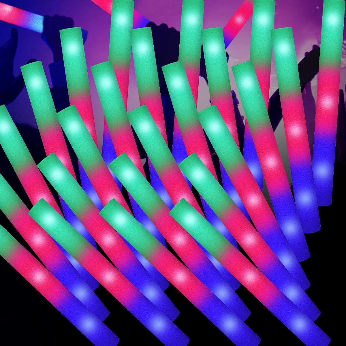 SHQDD 100PCS LED Foam Sticks, Foam Light Up Sticks with 3 Modes Colorful Flashing, Glow in Dark Party Supplies, Glow Stick Bulk Party Pack for Wedding, Raves, Concert, Camping, Sporting Events, Pool