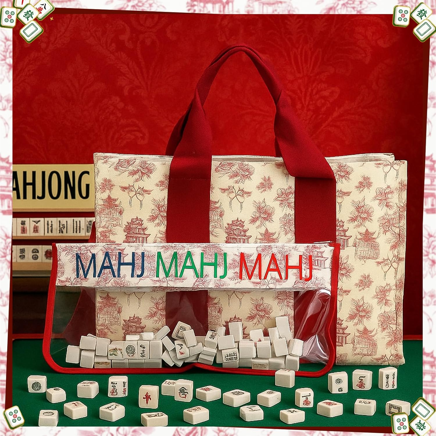 Empty 2 Pcs Mahjong Tote Bag Gift for Women 2-in-1 Set Mahjong Carrying Bag Thickened Printed Red White Mahjongs Tile Bags Storage Rack for Mahjongs Game Party Gift Daily Carry, Case Only