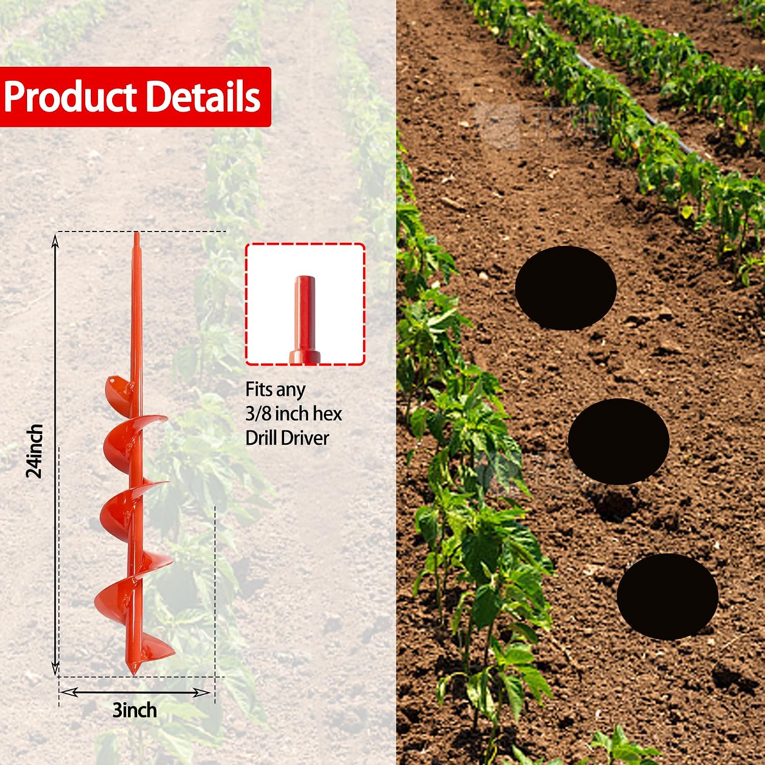 24”x 3”Auger Drill Bit 3/8”Hex Drive Garden Plant Drill Bulb Bedding Flowers Planting Auger