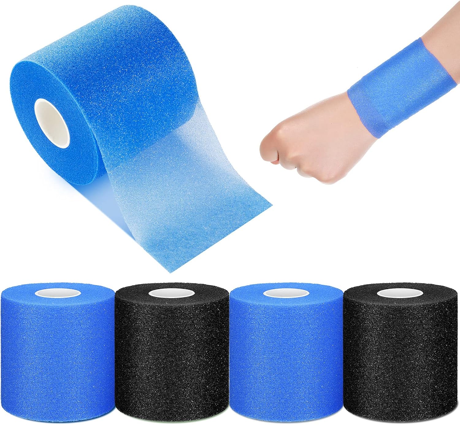 4 Pieces Foam Underwrap Athletic Foam Tape Sports Pre Wrap Athletic Tape Sports Tape for Ankles Wrists Hands Knees and Hair, 2.75 x 30 Yards (Black, Royal Blue)