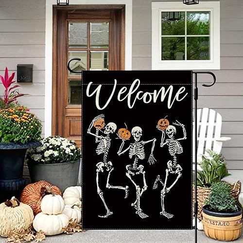 Miniatura 2 de DLZDN Bandera de jardín de calavera de Halloween, divertida bandera de jardín de terror aterradora, esqueleto de calabaza, bandera de patio de 12 x