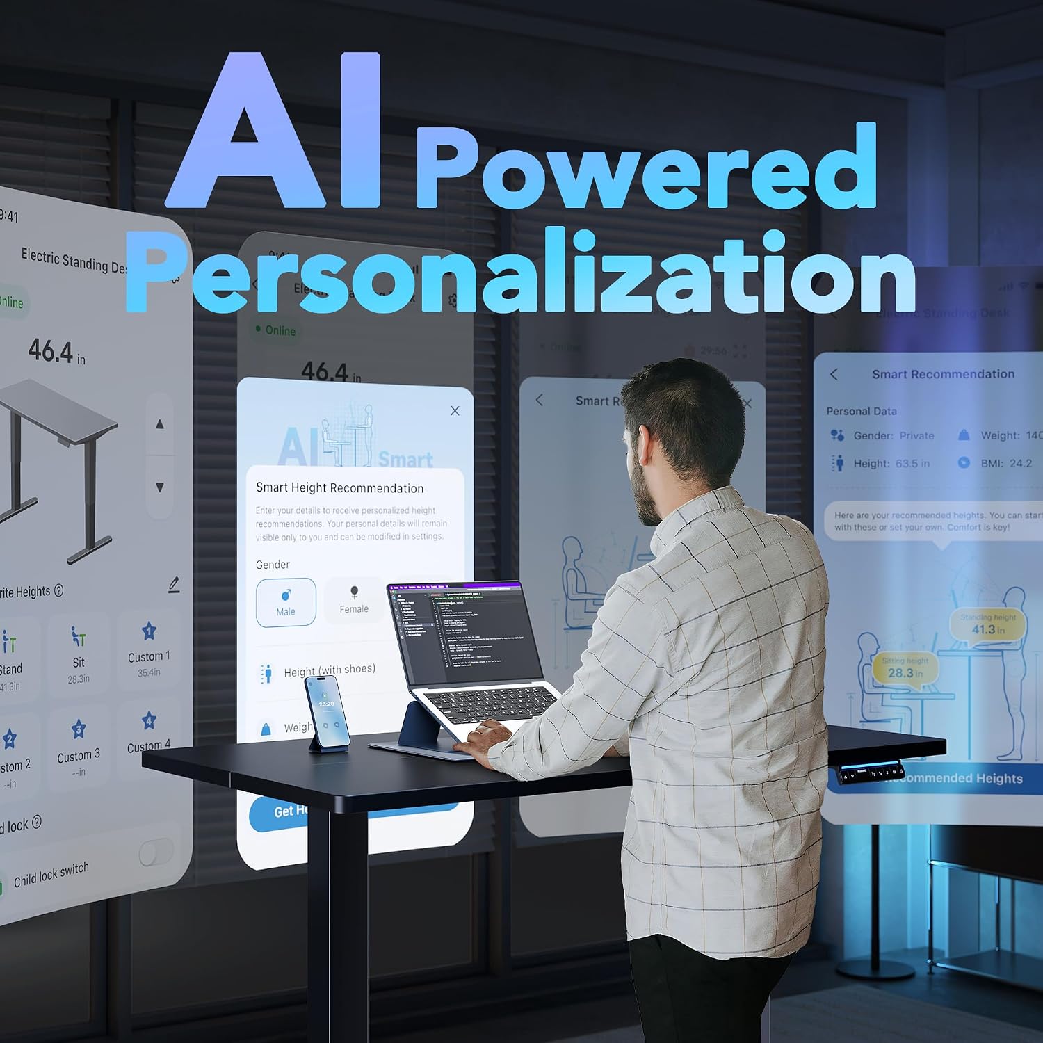 HUANUO 32" AI Smart Standing Desk with App-Synced Sedentary Reminders, Electric Height Adjustable Desk with Body-Data Ergonomic Presets, Voice Control Alexa/Google/Siri, 3 Memory Settings Table, Black thumbnail