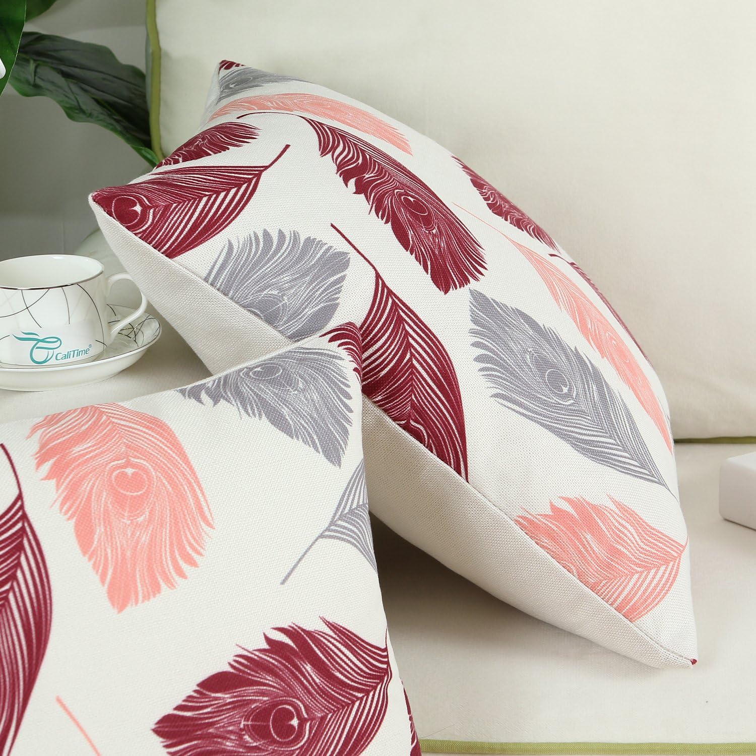 CaliTime Canvas Throw Pillow Cover Case for Couch Sofa Home Decoration Peacock Feathers 20 X 20 Inches Grey Coral Wine