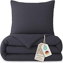 LAYNENBURG Premium Muslin Bed Linen 135 x 200 cm + 80 x 80 cm - Oeko-Tex - 100% Cotton - Breathable & Non-Iron - 3-Layer Muslin with Zip and Straps (Anthracite)