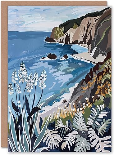 Artery8 Greeting Card Cornish Coast Painting Cornwall Wildflowers Blank For Him 