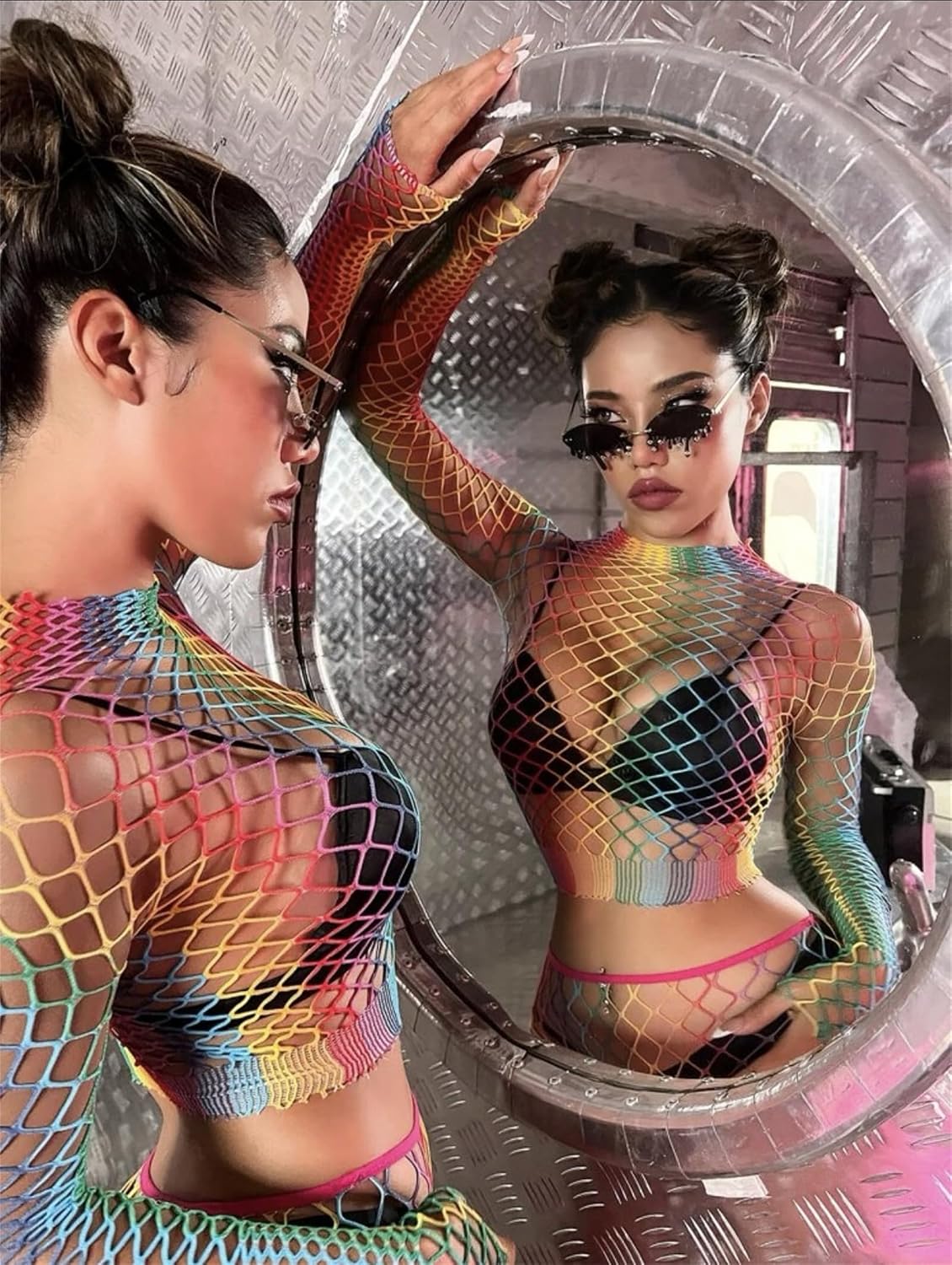 Women Sexy Cosplay Colorful Rainbow Striped Fishnet Mini Dress Bodysuit Teddy Babydoll