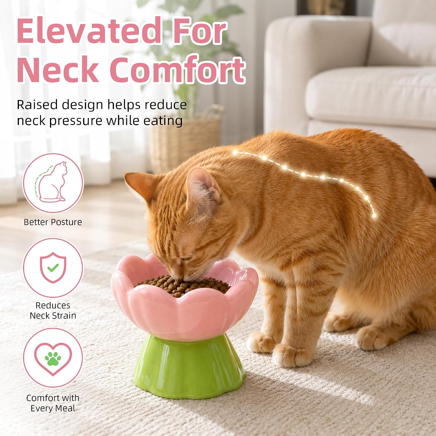 Casfuy Tulip Shape 15° Tilted Whisker-Friendly Elevated Ceramic Cat Bowl