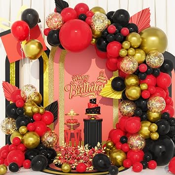 Black Red Gold Balloons Arch Kit, 133Pcs 5 12 18 Inch Gold Metallic Confetti Balloons Garland for Birthday Wedding Party Baby Shower Anniversary Party Decoration Supplies