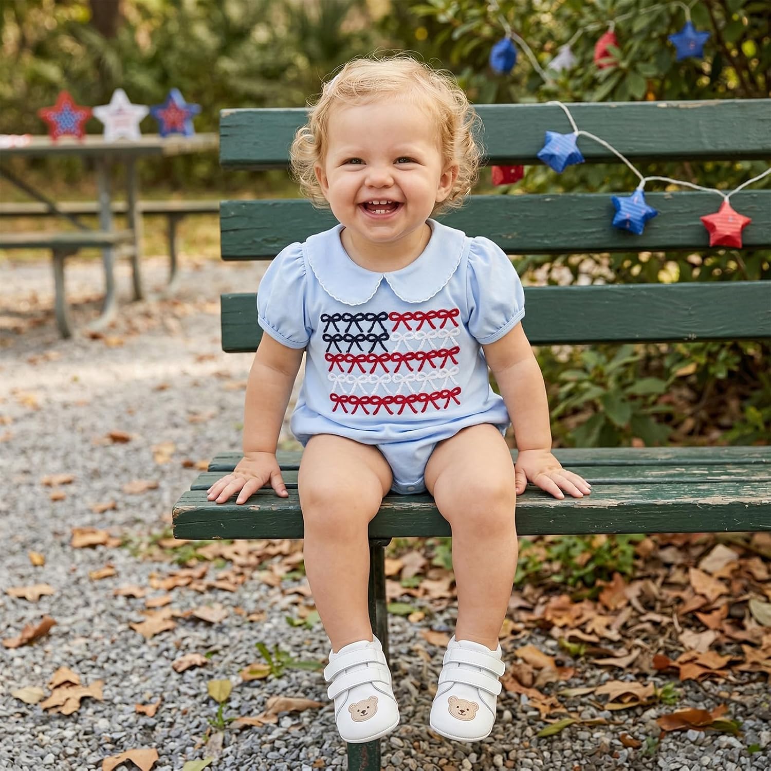 Baby Girl 4th of July Outfit Patriotic American Flag Bow Embroidery Peter Pan Collar Puff Sleeve Bubble Romper