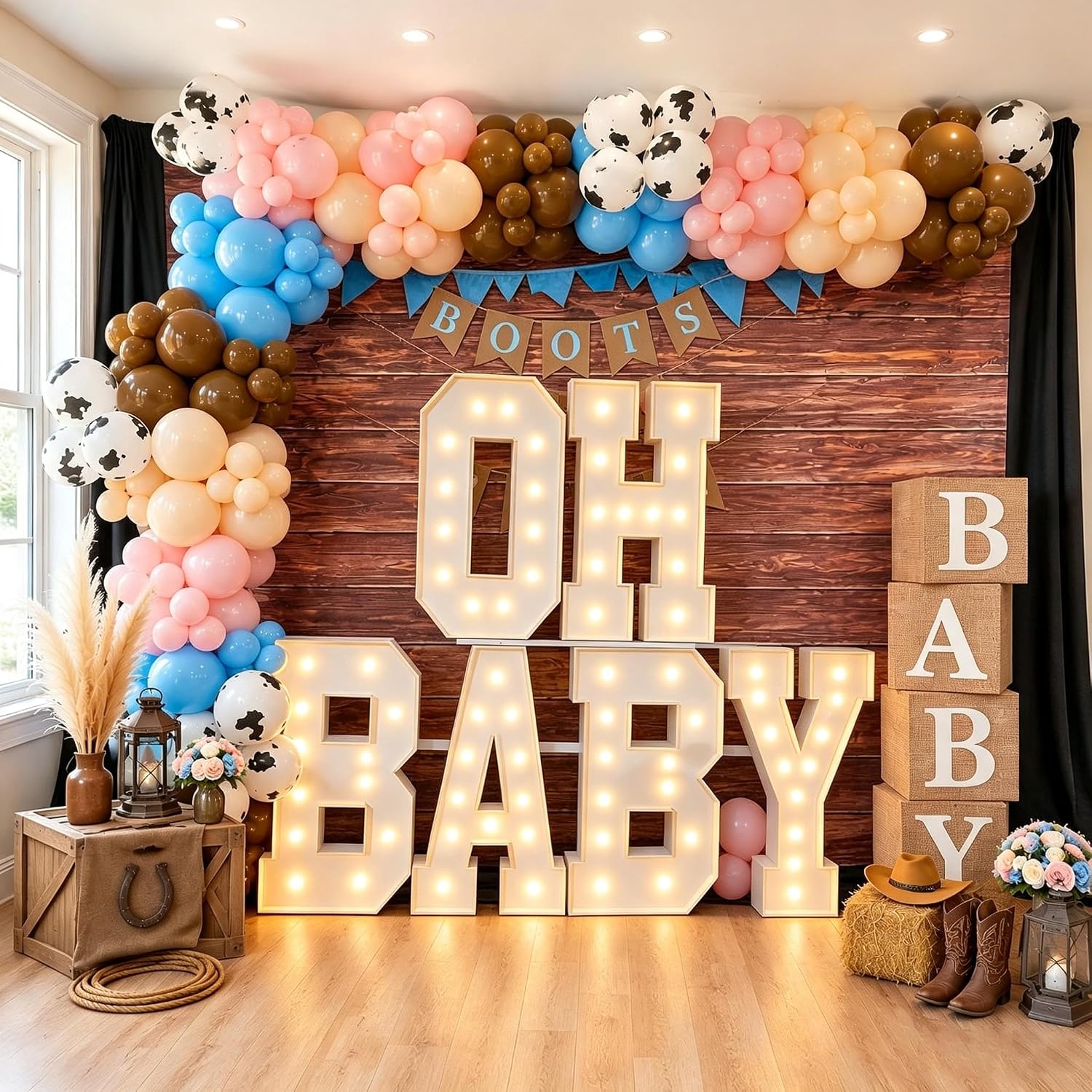 3FT/4FT/5FT Large-Sized Illuminated Letter Logo OH Baby, LED Warm Color Light, Including Free Balloons, Party Event Decoration, Baby Party Theme, Baby Gender Revealing Party (3FT+Cowboy Balloon)