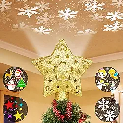 Lanzeyo Topo de árvore de Natal iluminado com 4 padrões projetados, projetor de enfeite de árvore de Natal embutido, estrelas douradas com glitter 3D para decoração de festa de Natal (estrela)