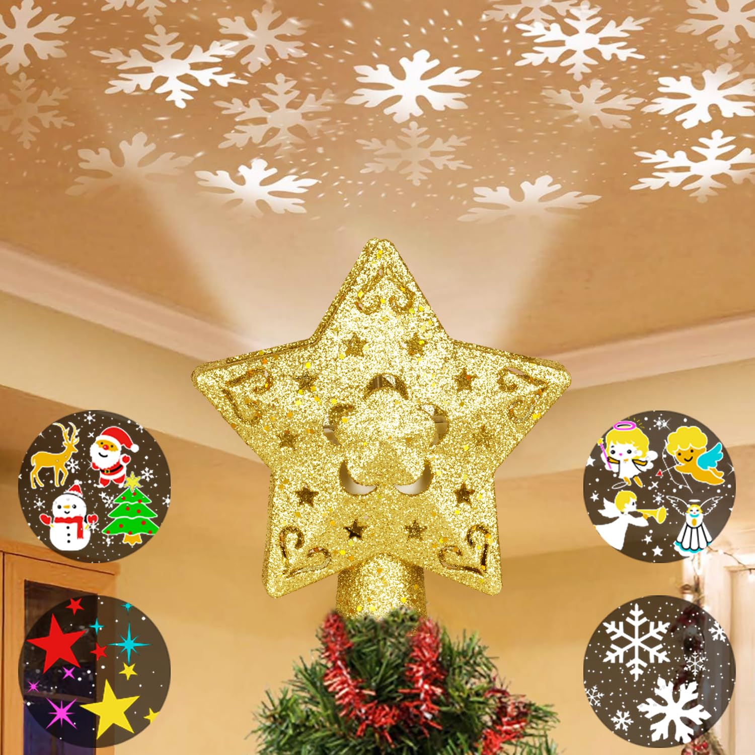 Lanzeyo Christmas Tree Topper with 4 Projected Patterns, Lighted Star Projector with Rotating LED Lights, 3D Glitter Gold Star for Xmas Party Holiday Decoration