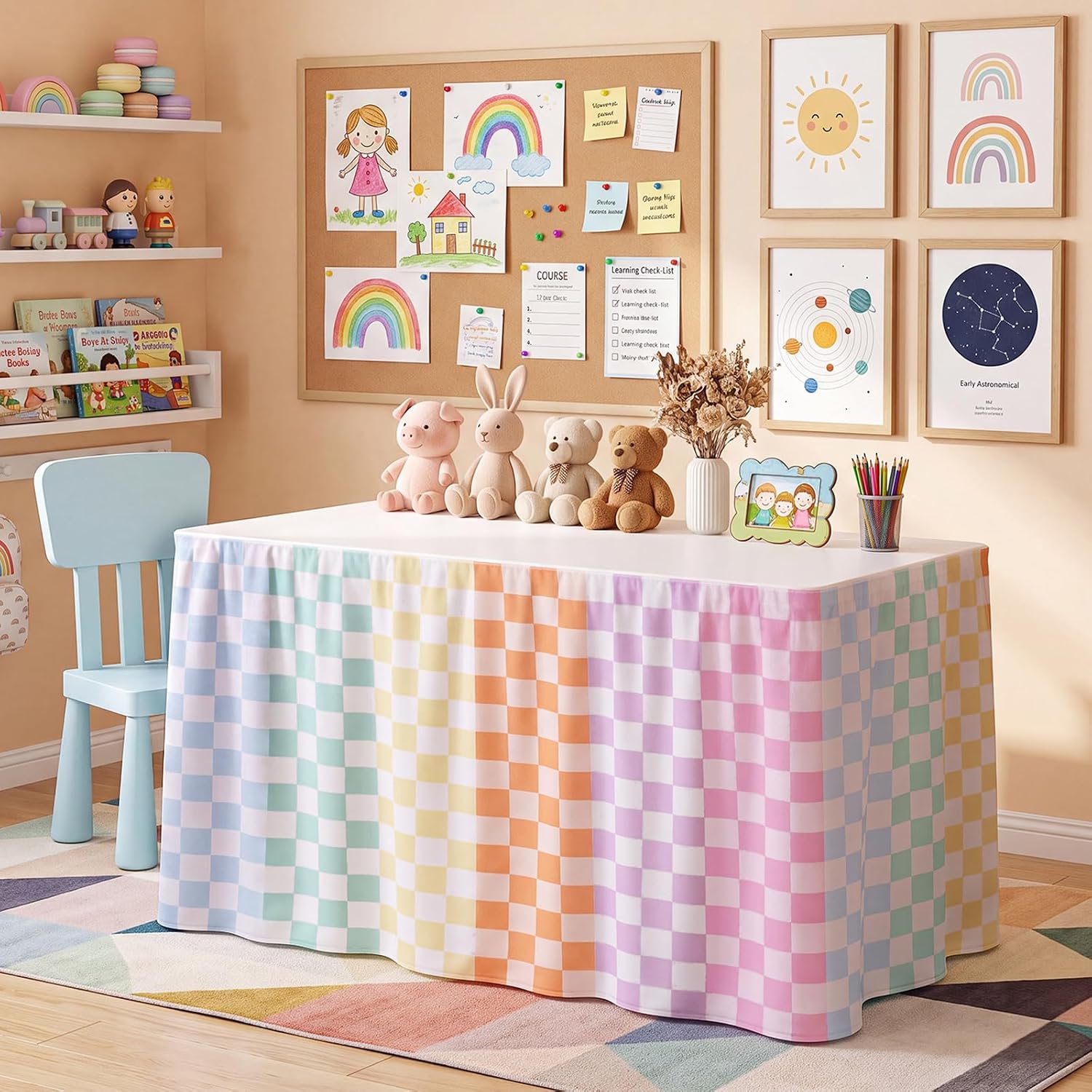 Breling 14 ft Macaron Checkered Table Skirt Teacher Ruffled Desk Skirt Classroom Decor for Back to School Teacher Tablecloth for Rectangle Round Kidney Desk First Day Themed Party Decoration Supplies