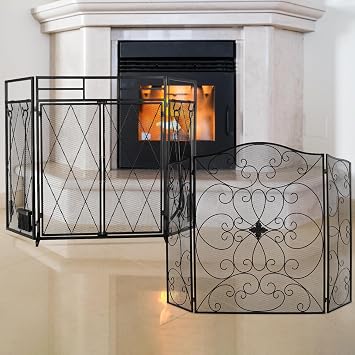 Black Fireplace Screen Large 3 Panel Foldable Wrought Iron Free Standing Fireplace Screen Rustic Vintage Arched Mesh Furnace Fireguards Outdoor Iron Protector Fireplace Cover