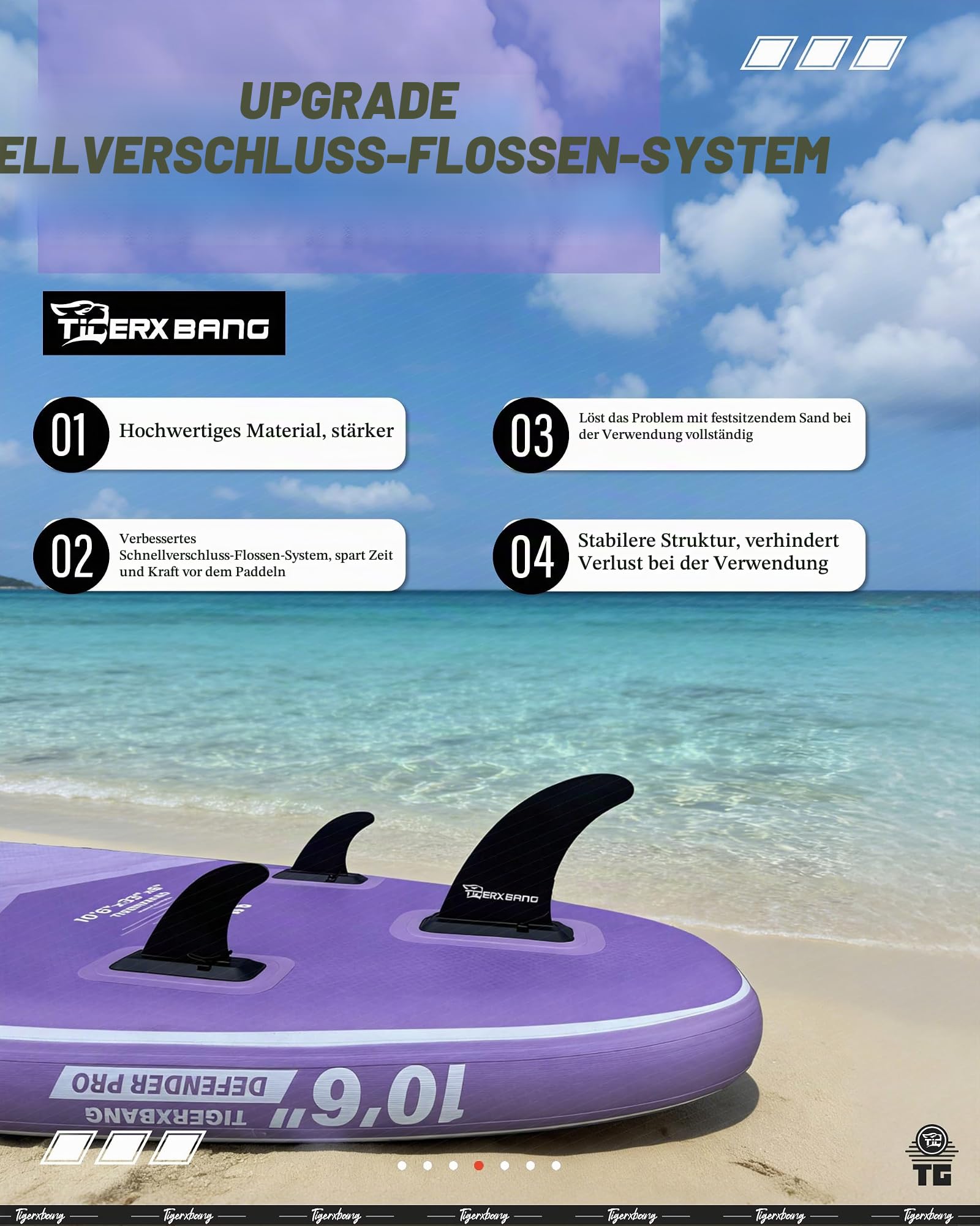 TIGERXBANG aufblasbares Paddleboard 320x82x15cm, UV-geschütztes SUP Lila mit Gradient, Sitz, verstellbares Paddel und komplettes Zubehör, stabiles Allround-Design