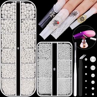 Flatback Pearls (White) and Metal Nail Beads (Silver) for Art, Luxurious Pearl Charms and Small Round Caviar Beads Accessories for Acrylic Tips Manicure Decor - 6 Grids