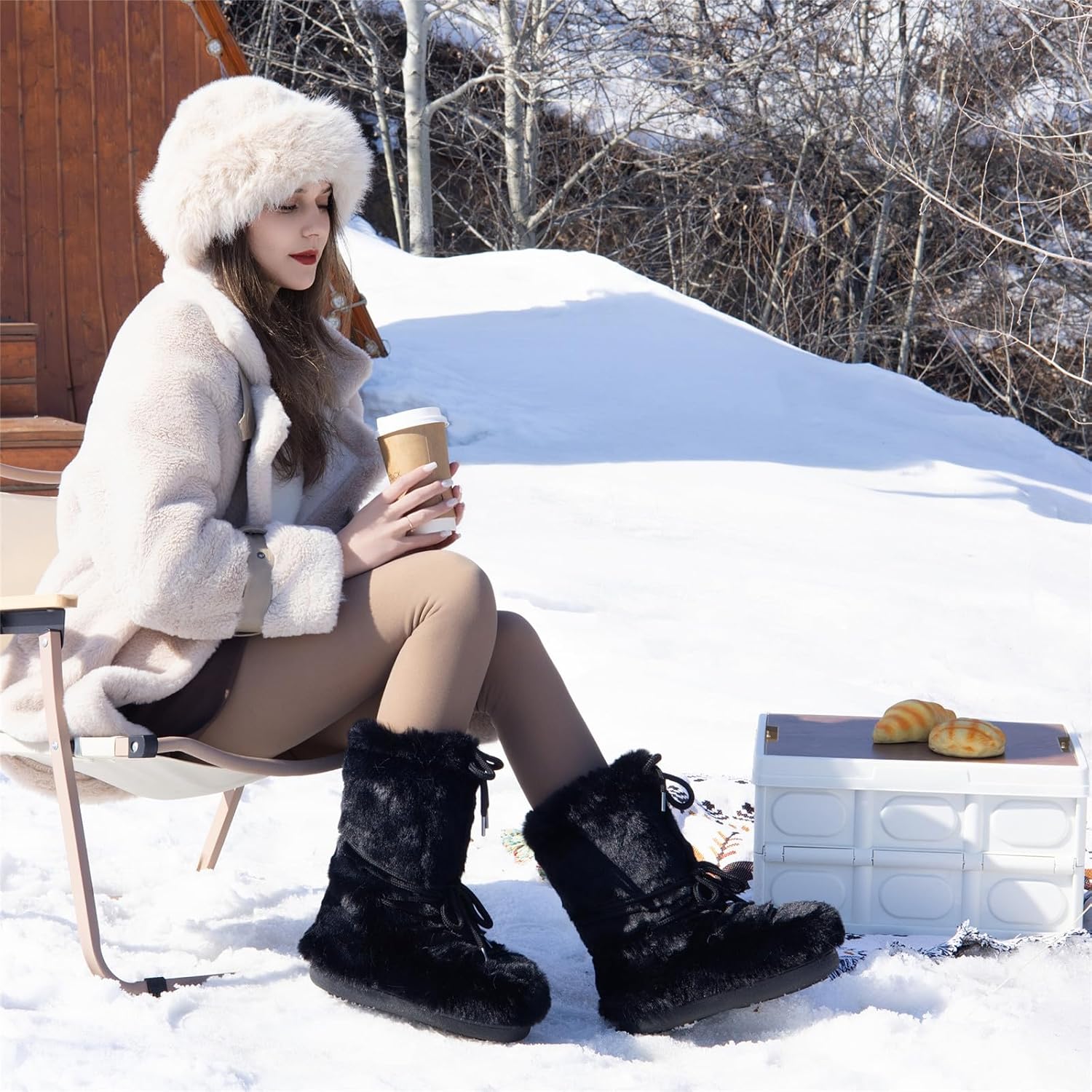 Winter Boots for Women, Furry Fuzzy Fluffy Faux Fur Snow Boots with Fur Lined Non-Slip Outsole Black White Pink Boots