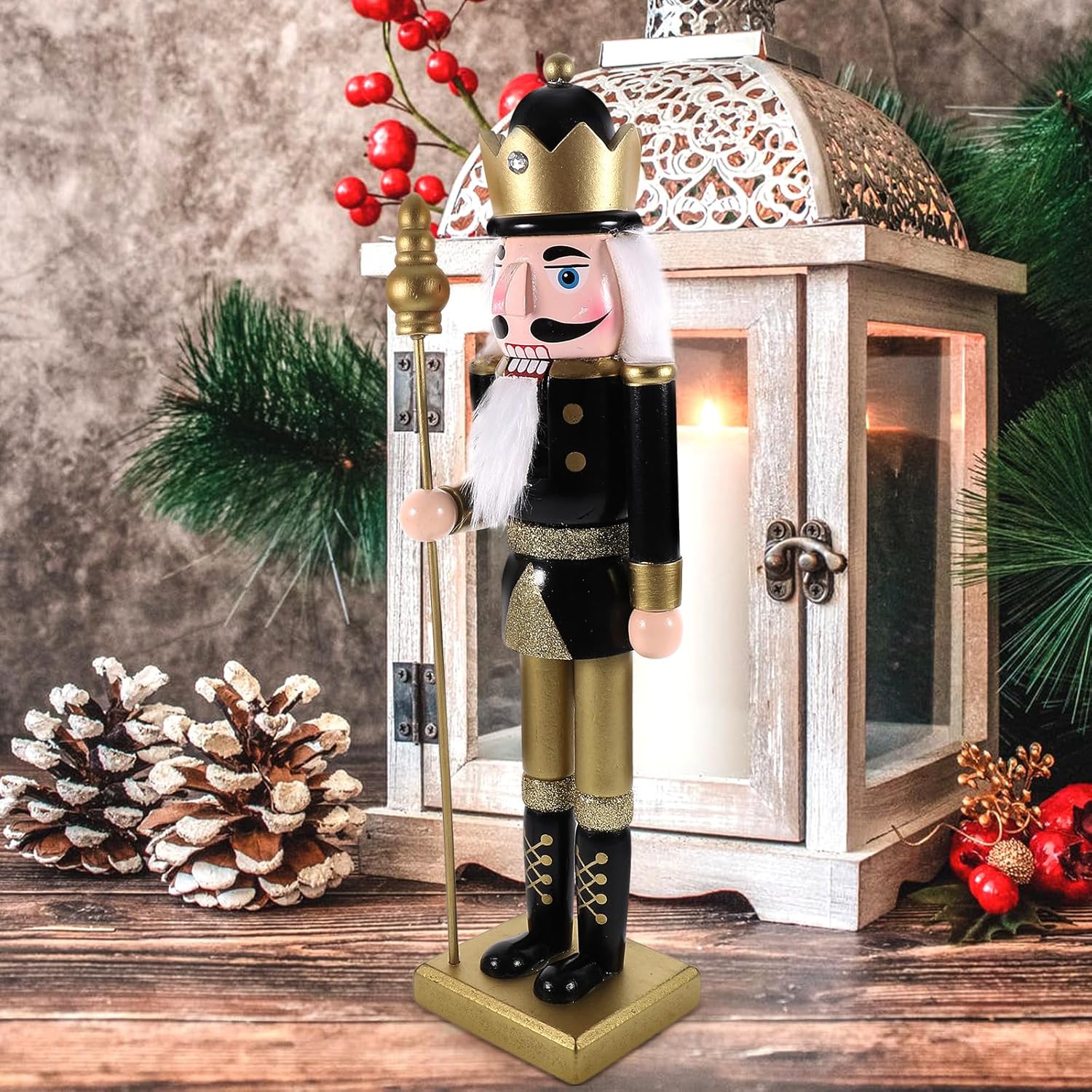 LOGOFUN Christmas Nutcracker Ornaments Wooden Nutcracker Soldier Nutcrackers Figurine with Scepter Decor Desktop Soldier Statue for Xmas Party Supplies - Black Gold (25cm)