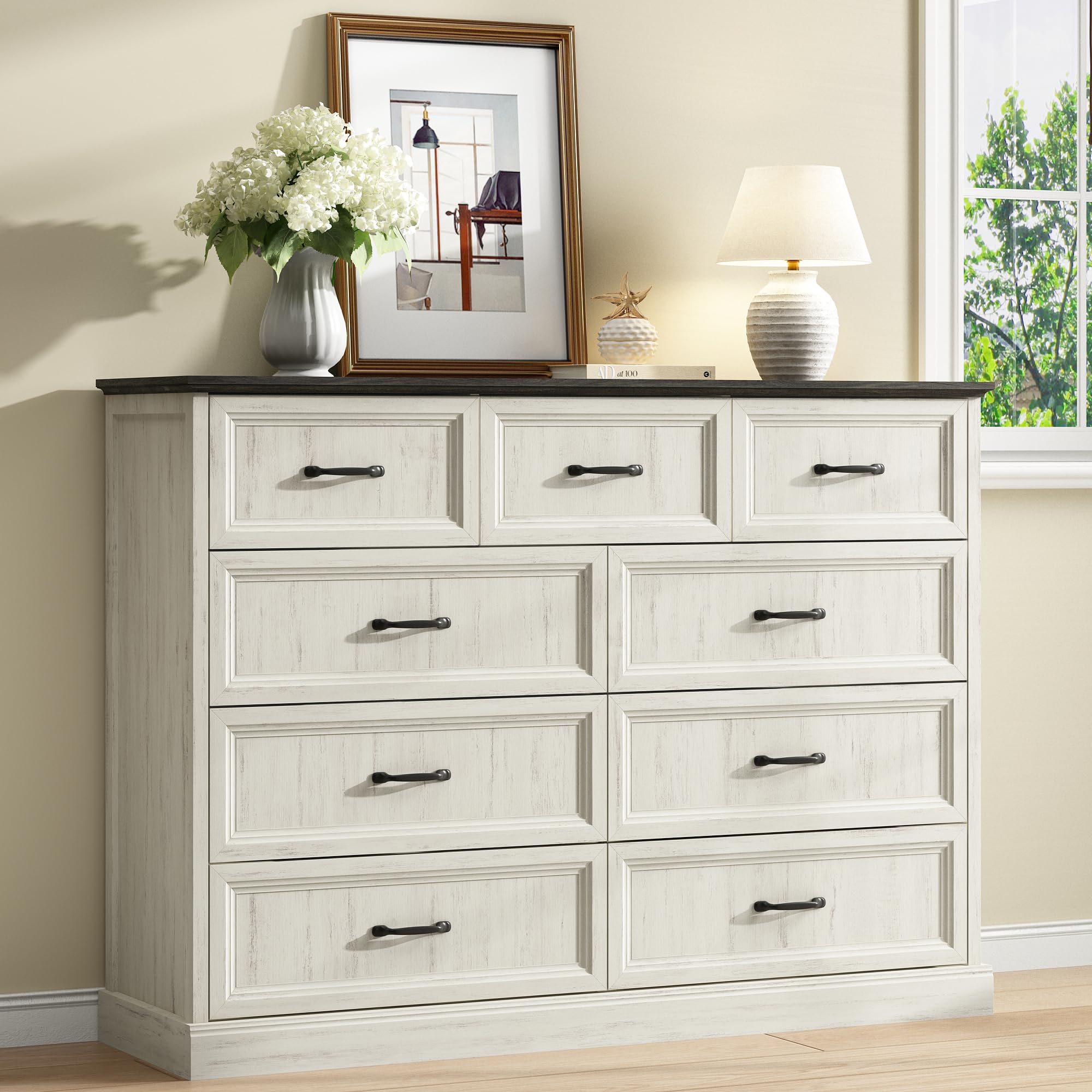 Farmhouse 9 Drawers Dresser for Bedroom, 55'' Wide Wood Rustic Chest of Drawers with Natural Texture, Storage Dressers Organizer with Large Drawers