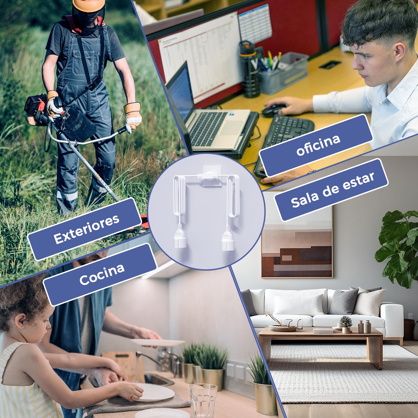 Alargador Enchufe Doble 2M+2M, 2 en 1 Cable Alargador de Corriente Exterior, 250V / 16A / Máx 4000W Alargadera Enchufe con Protección de Contacto para Oficina, Hogar, Viaje alargadera, IP20