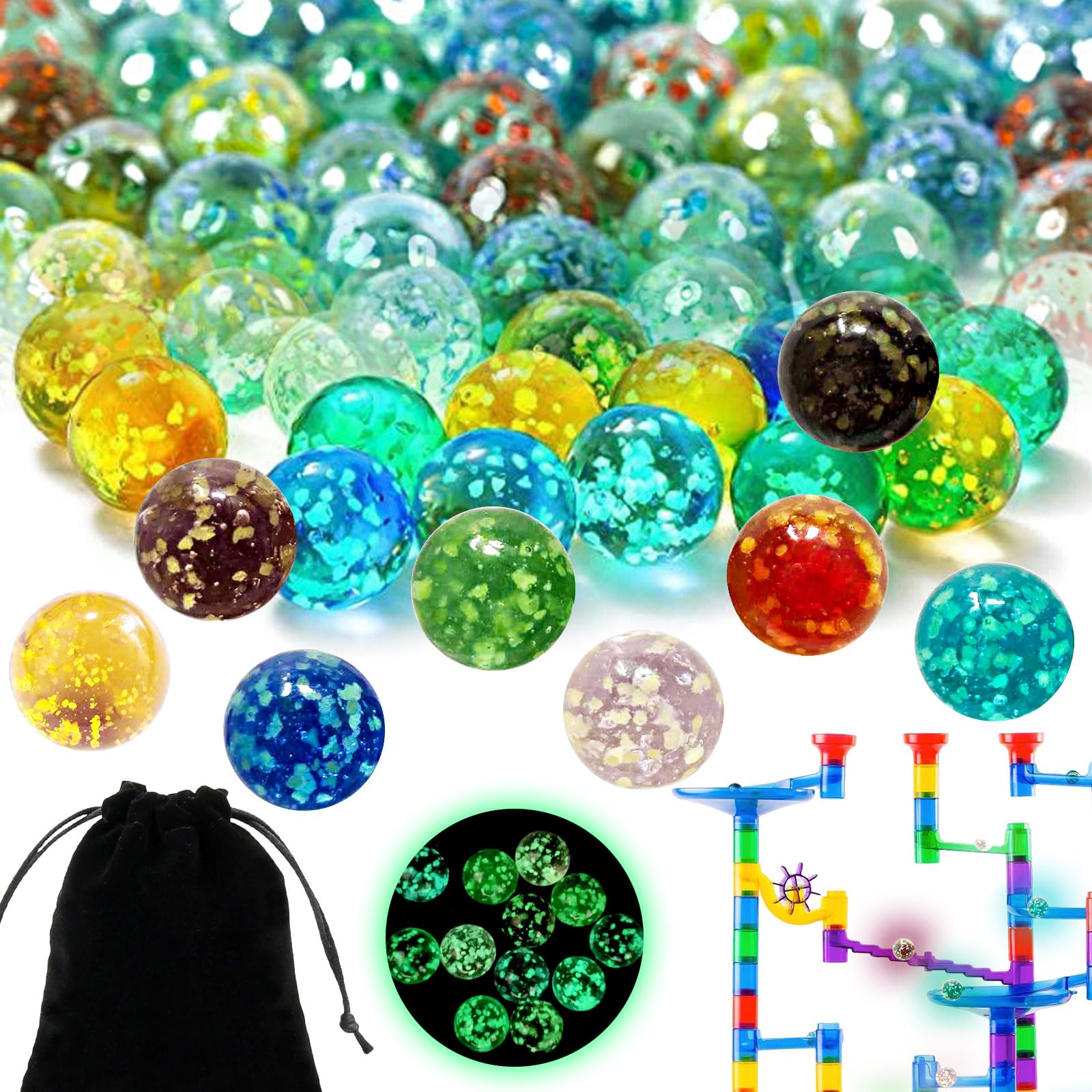 Benaton Pack of 20 Colourful Marbles Glass, Children's 16 mm Small Glass Marbles, 10 Colours Marbles, Luminous Marbles Glass, Glow in the Dark Glass Marbles, Decorative Bowls Marble Game Glass, Marble