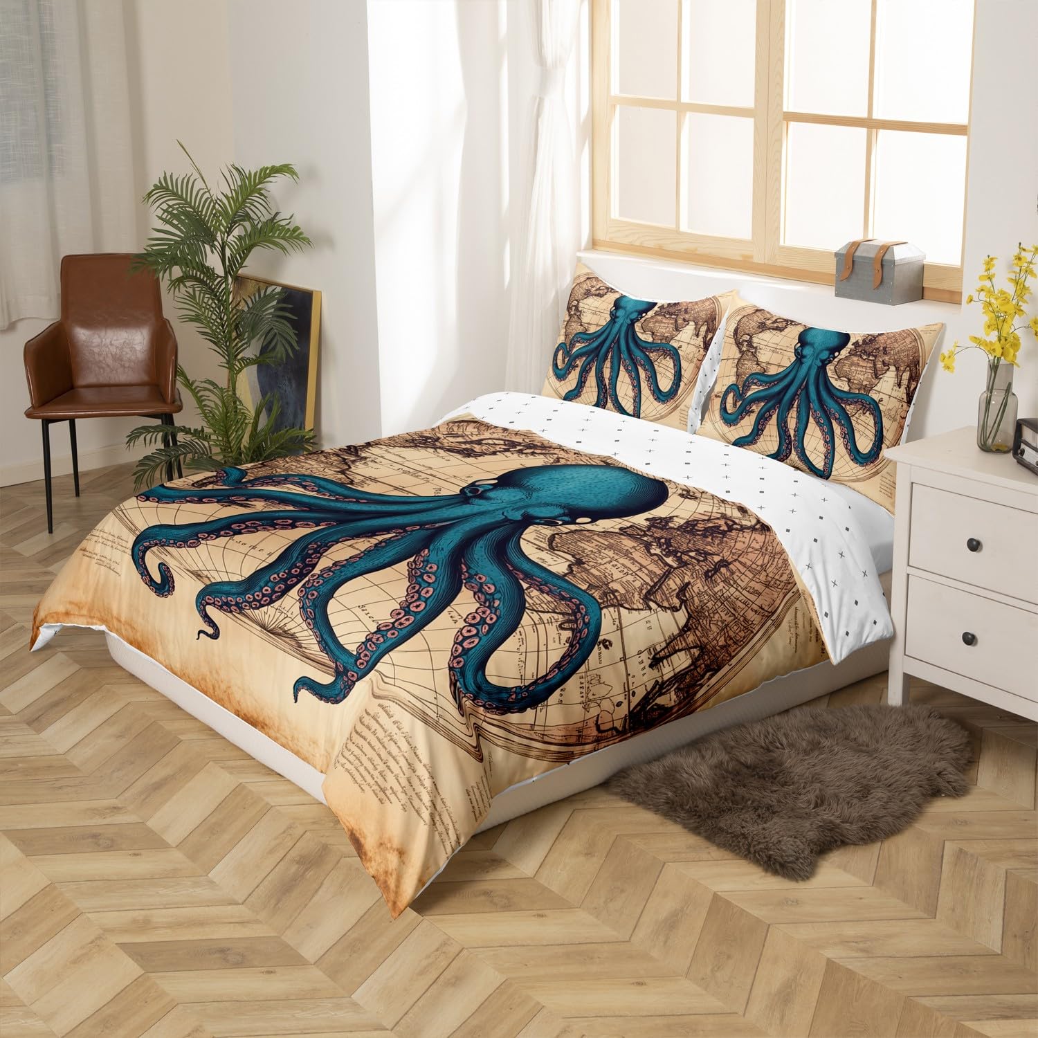 Blue Octopus Bedding Set Queen,Retro Ocean World Map Comforter Cover for Kids Child,Nautical Sea Animal Duvet Cover Under Sea Reptile Coastal Creature Quilt Cover Ocean Theme Sketch Bedroom Decor