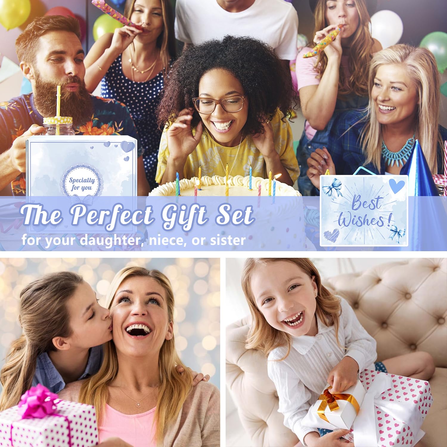 Regali per Ragazze Adolescenti di 9 10 11 12 13 14 15 Anni, Regali di Compleanno e di Natale, con Tazza di Vetro con Coperchio e Cannuccia, Fascia per Capelli, Fermagli per Capelli (Blu)