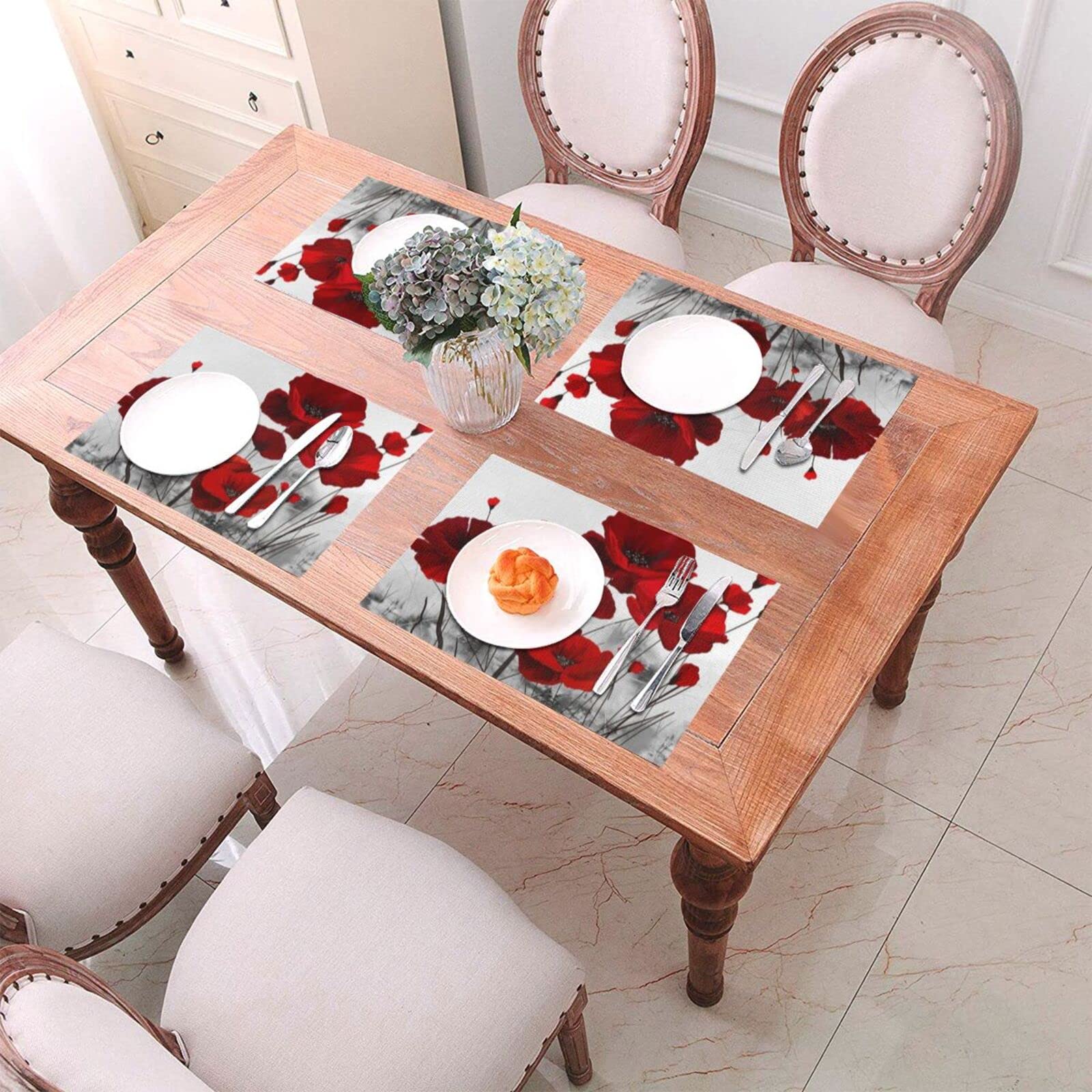 Lot De 4 Sets De Table Tissés PVC Motif Coquelicot Rouge 45,7 X 30,5 Cm - Résistants à La Chaleur