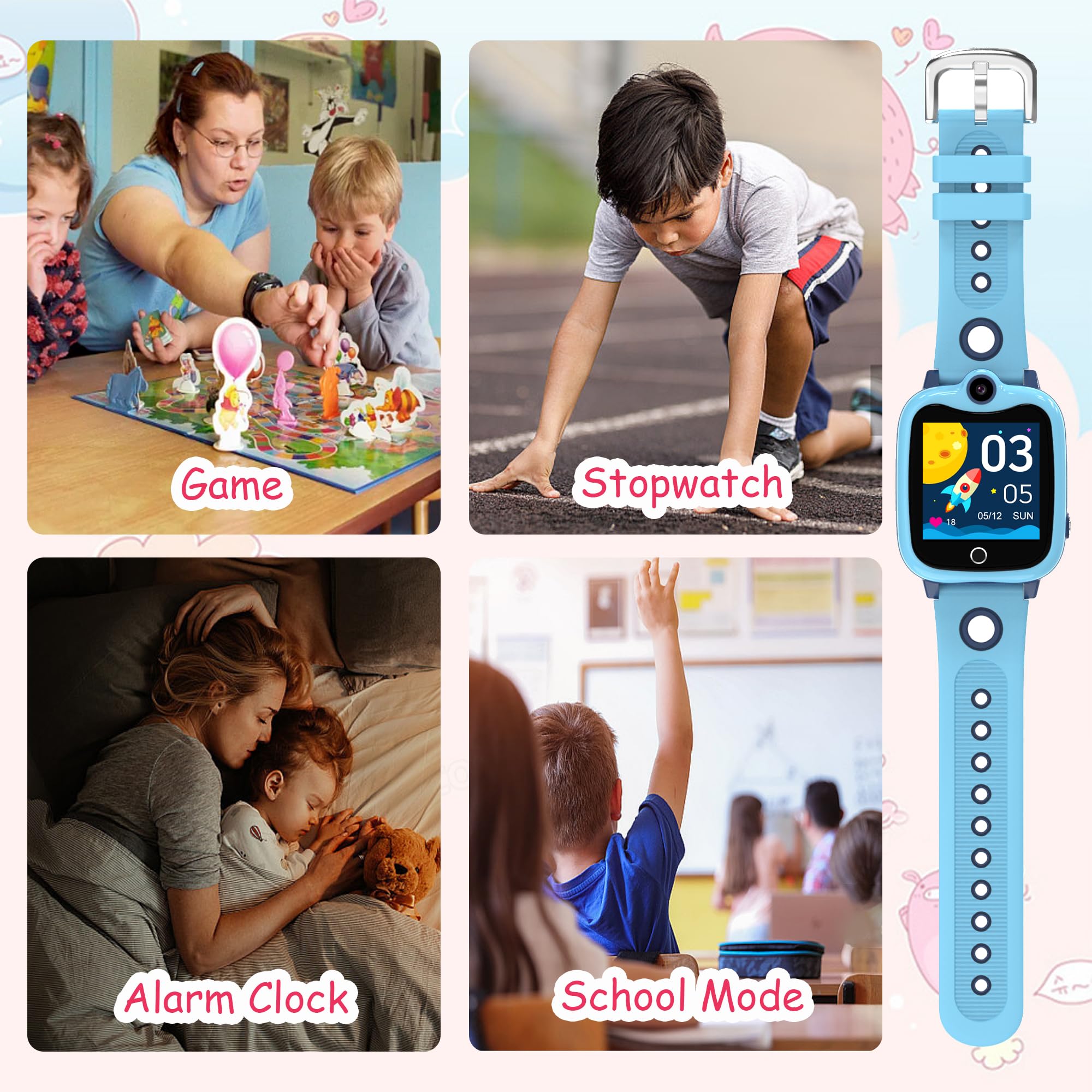 Smartwatch Bambini 4G, Orologio per Bambino Bambina Telefono con Videochiamata SOS Chat Vocale Sveglia Contapassi Modalità Classe Gioco, Impermeabile Smartwatch con SIM Regalo per Ragazza e Ragazzo