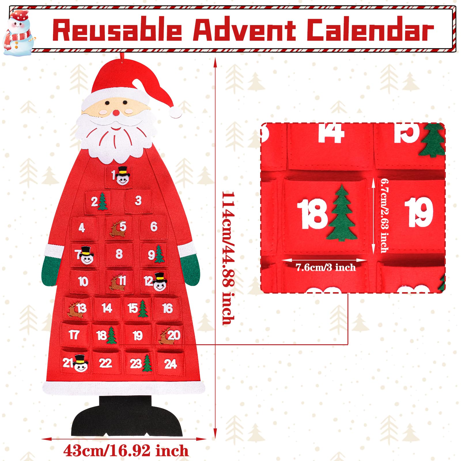 Calendario Dell'Avvento In Feltro Con Babbo Natale - 24 Tasche, Riutilizzabile, Decorazione Natalizia - Foto 8