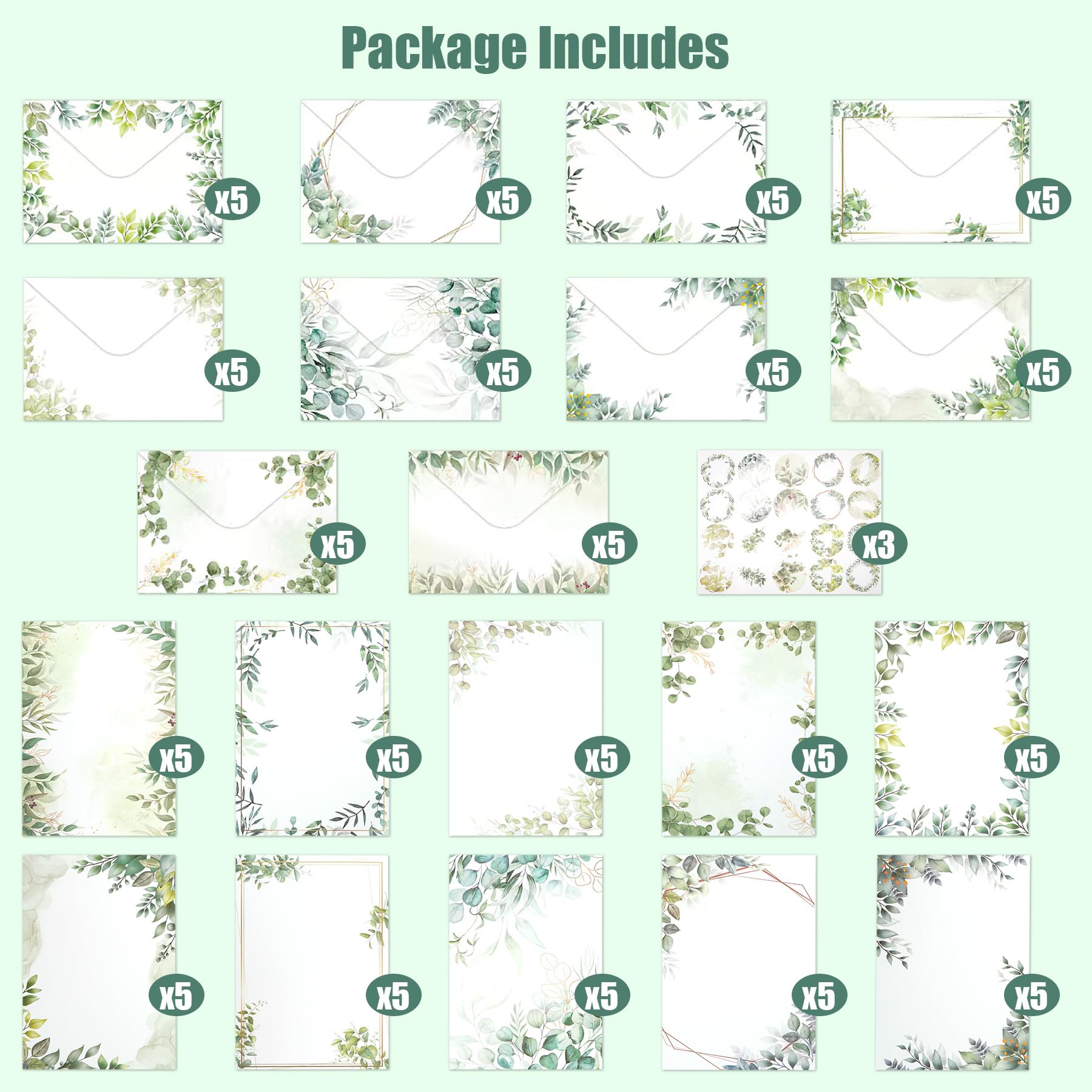 RAORAOYUE 160 Pcs Eucalyptus Stationery Paper Set, 50 Stationary Paper 50 Envelopes 60 Round Dot Sticker, 3 - Image 3
