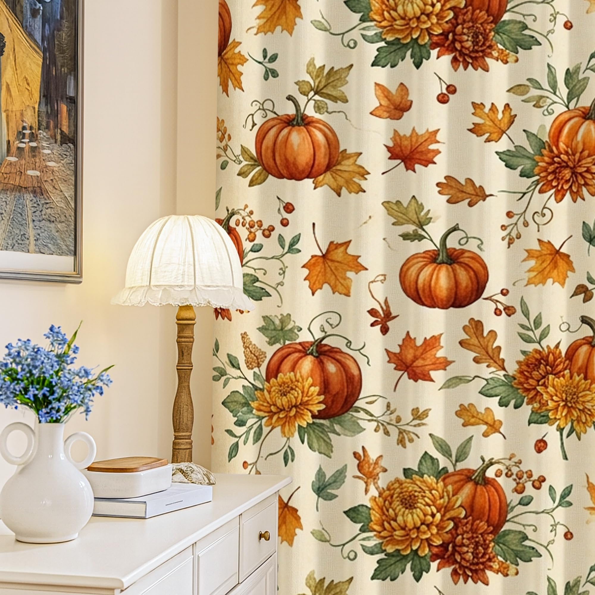 Rideaux occultants citrouilles et fleurs d'automne pour une cuisine rustique et chaleureuse
