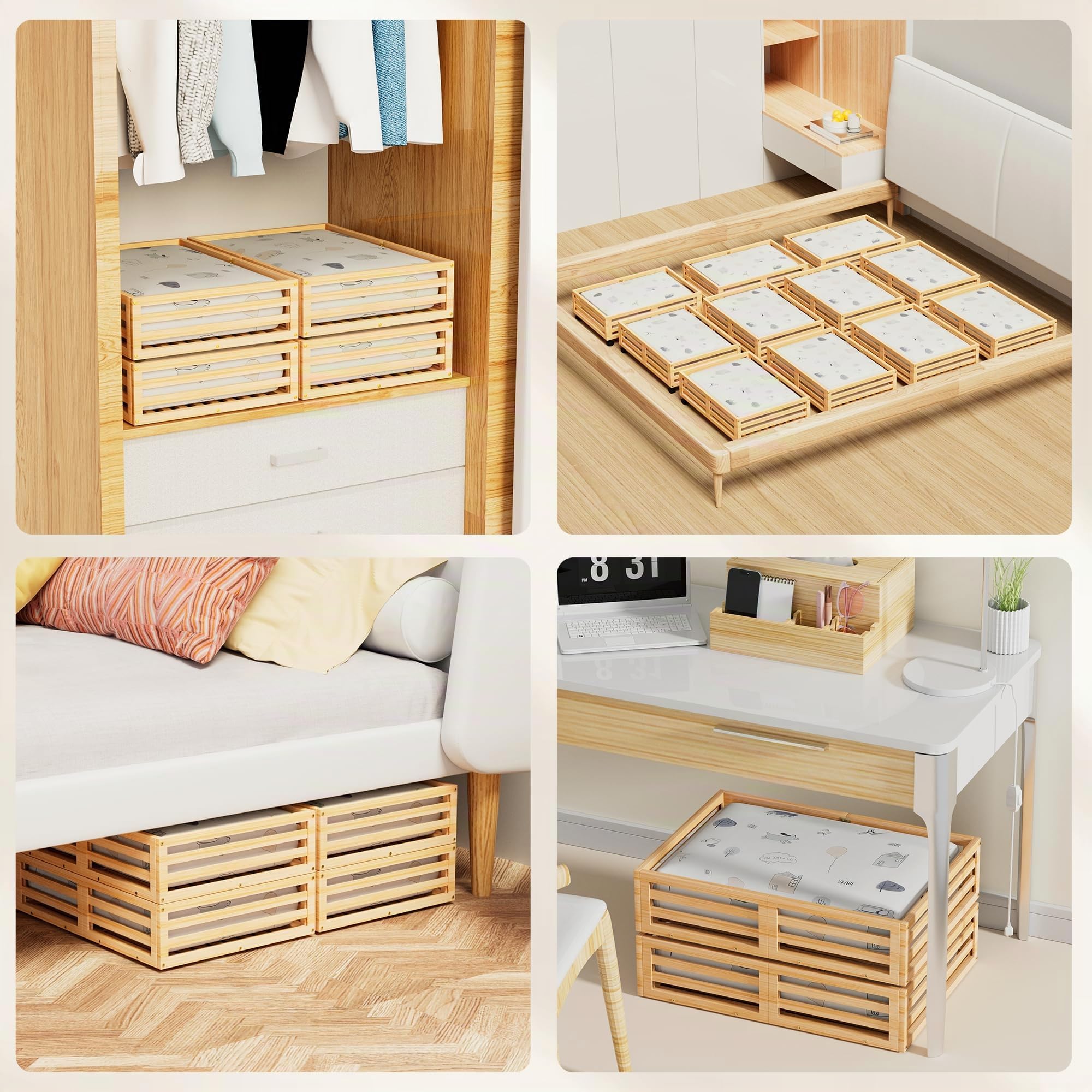 2 Packungen Nature Unterbett-Aufbewahrungsbehälter, Bambus-Unterbett-Organizer-Schubladen mit Rollen, großer Staubbeutel für Kleidung, Bücher, Bettwäsche und Spielzeug, platzsparend