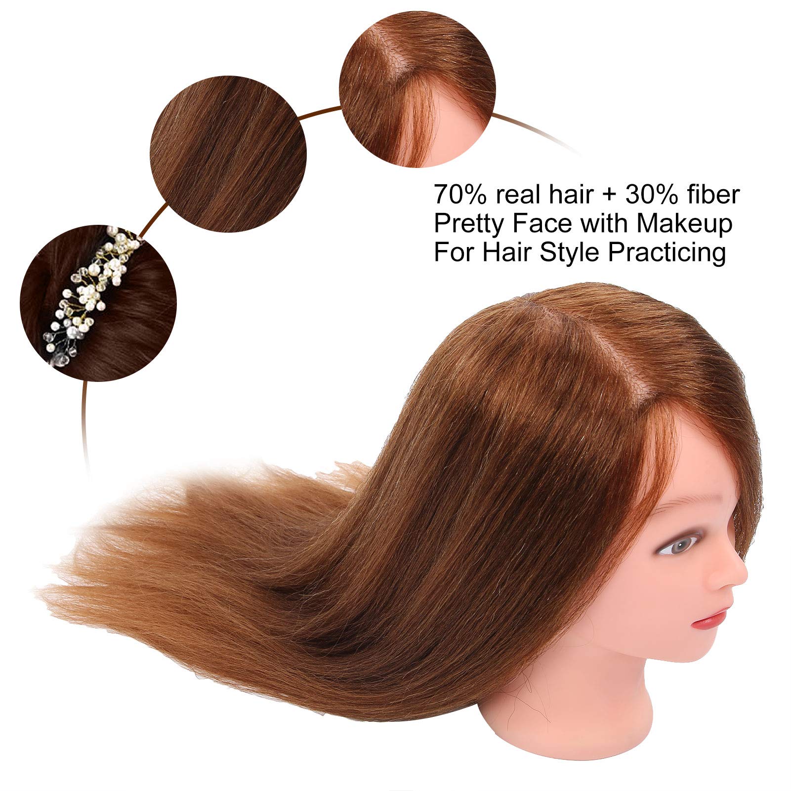 Brrnoo Testa di Manichino con 70% Capelli Veri 30% Fibra 23,6-25,6 Pollici per Allenamento Al Taglio dei Capelli, Pratica di Tessitura (BROWN)