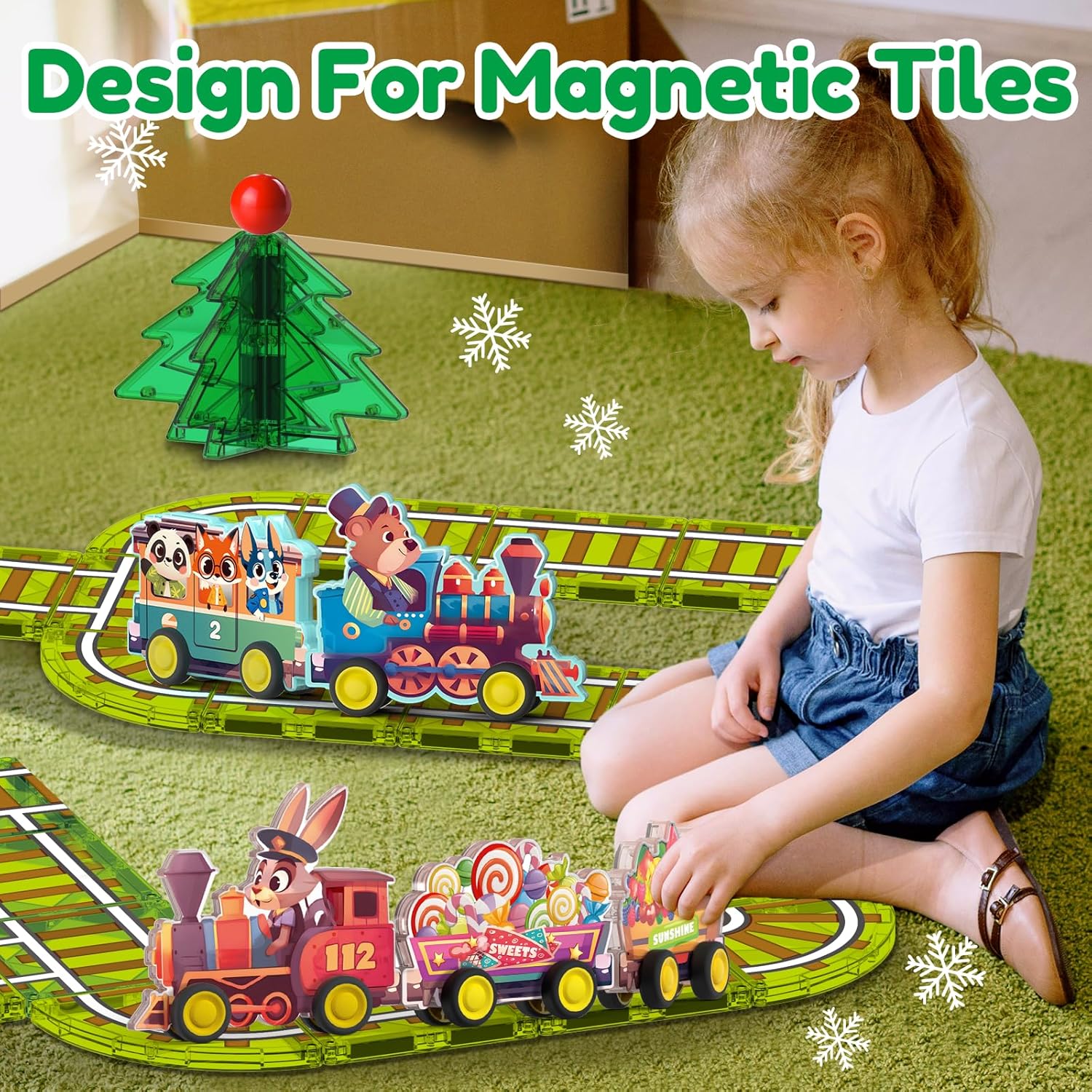 Magnet Train Set for Magnetic Tiles, 5pcs Magnet Train for Magnetic Road Set, Free Wheel Animal Vehicles Kids Christmas Town Magnetic Tile Accessory CZ39201-T