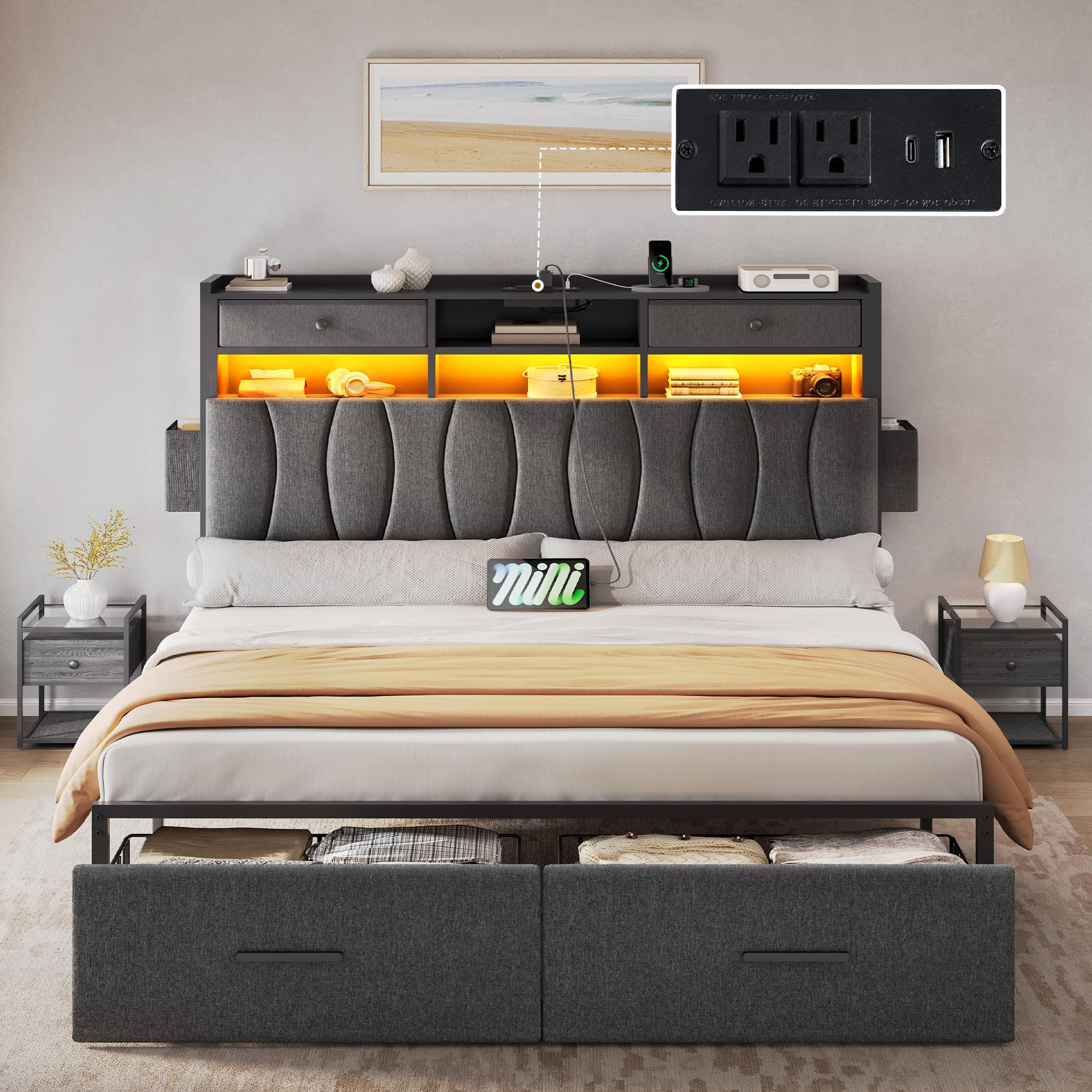 DWVO Full Size with 2 Storage Drawers and Charging Station, Linen Upholstered Platform Bed with Storage Headboard and LED Light, Heavy Duty Metal