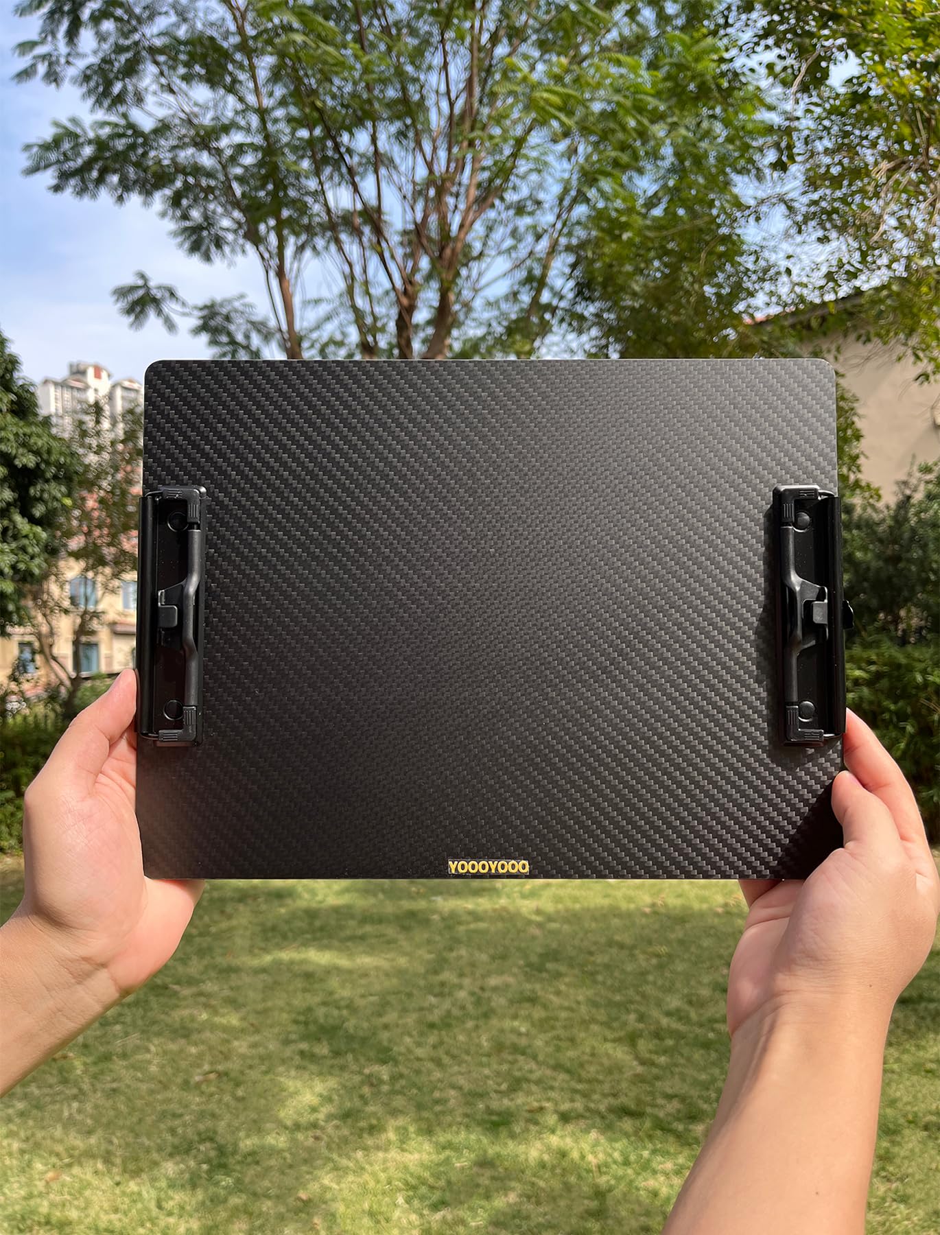 9.4"W x 12.6"L x 0.06"T Hard Lightweight Portable Carbon Fiber Clipboard with 2 Strong Black Low Profile Clips, Hook & Pen Holder, Letter/A4 Size