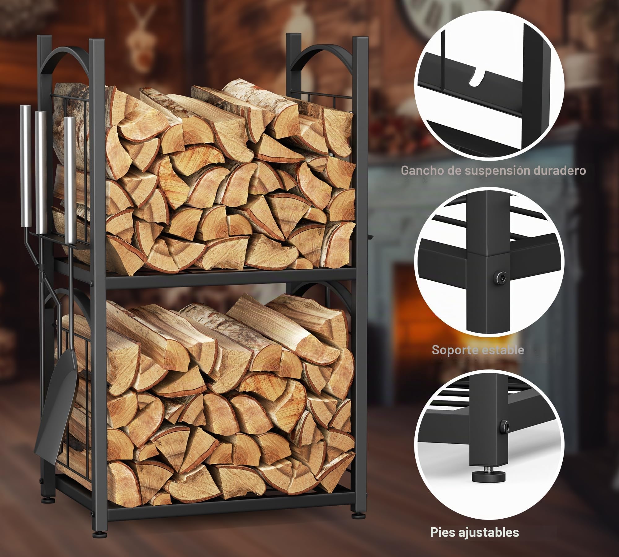 HFHOME Estantería para leña Interior y Exterior 2-en-1, Soporte para leña para almacenamiento de leña, Estantería para madera de fuego 78 x 46 x 32 cm con accesorios para estufa de leña, pala, escobas