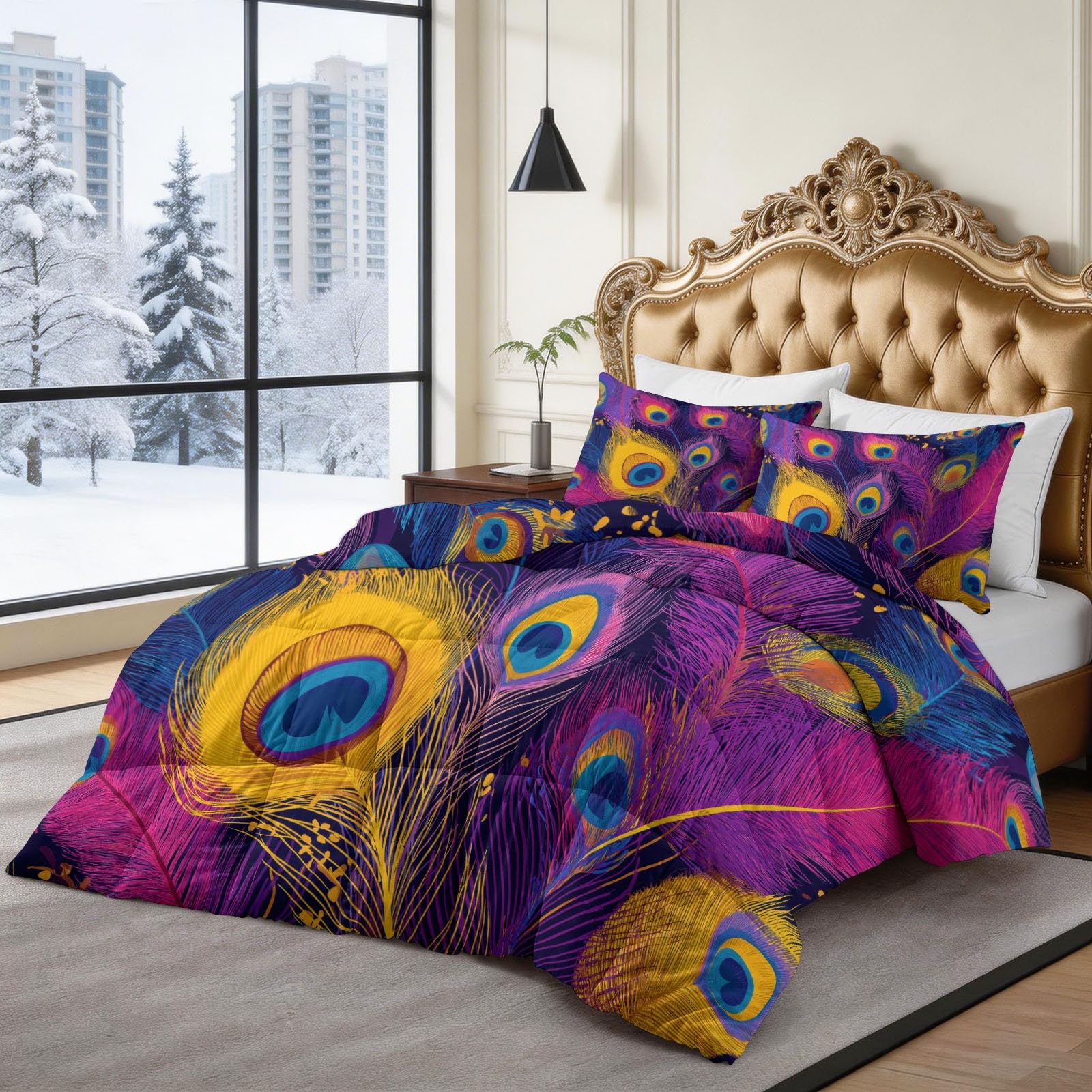 Générique Piumino trapuntato stampato a 4 stagioni, motivo: pavone, piume, 140 x 200 cm, morbido, leggero e caldo, senza copripiumino per 1 persone, Edredon reversibile, per letto matrimoniale e