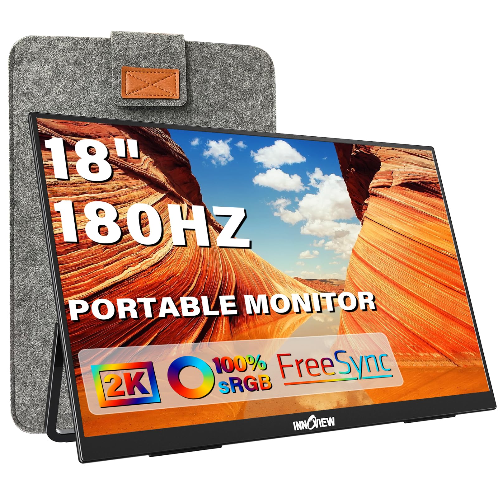 InnoView 18'' 2K Travel Monitor with Protective Bag, 100% DCI-P3 Travel Monitor 2560x1600 IPS Eye Care HDR FreeSync Frameless Portable Screen for Mac Switch Xbox PS4/5