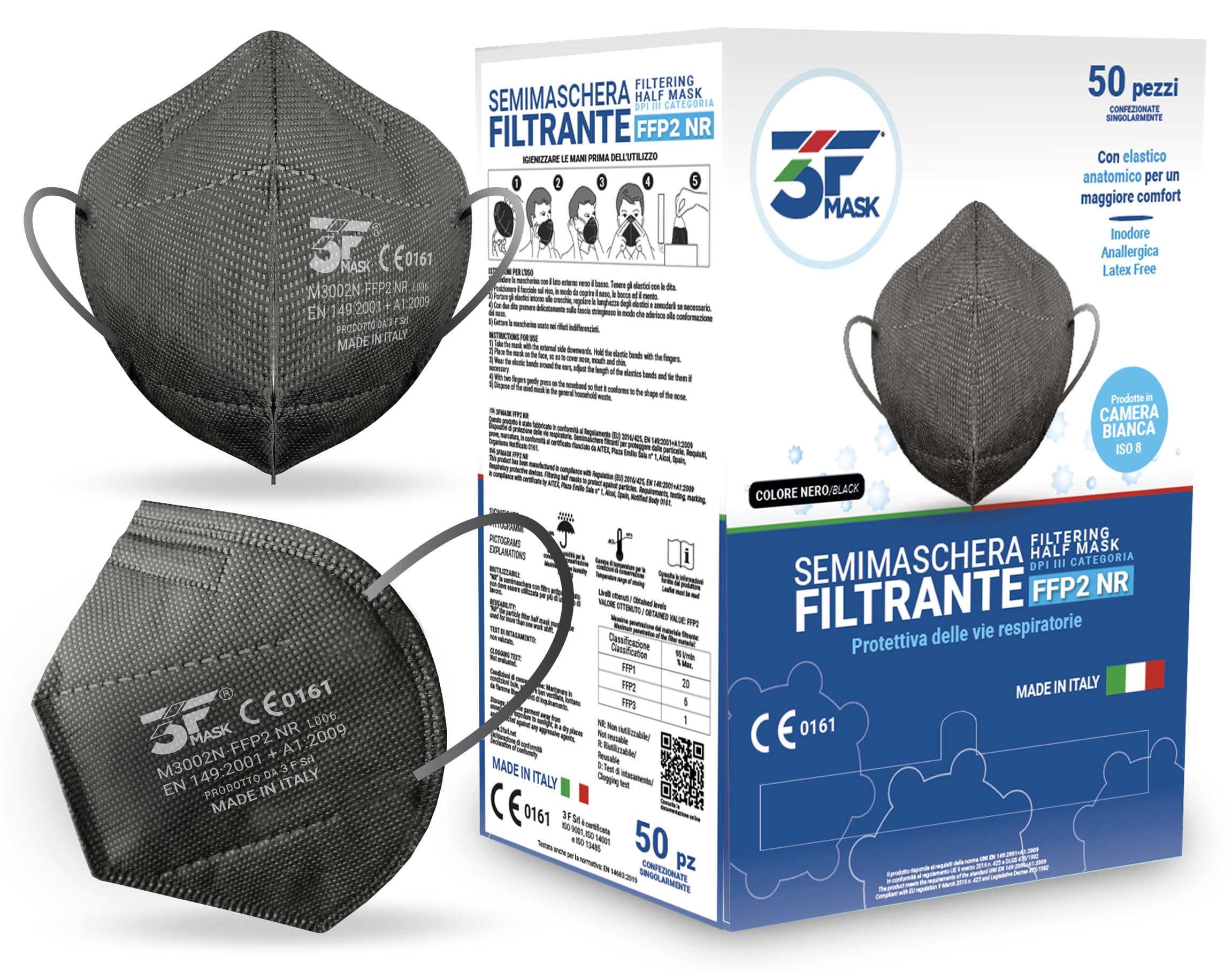 Lot de 50 masques certifiés FFP2, fabriqués en Italie, emballés individuellement - conforme à la norme UNI EN 149:2001+A1:2009